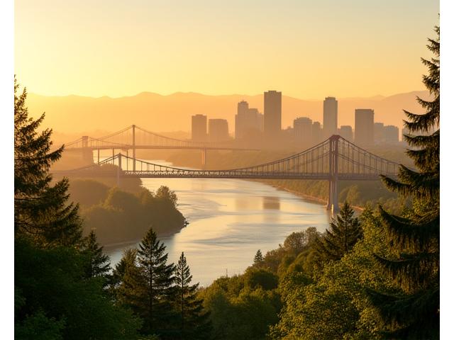 Portland, Oregon cityscape with lush greenery, symbolizing Vitalbloom's community roots