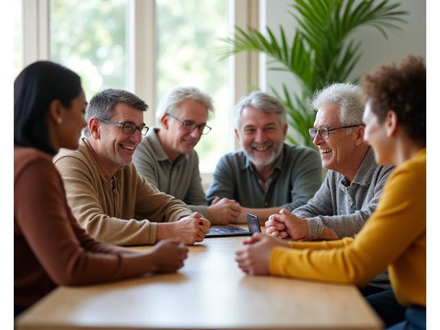 Diverse group of adults interacting happily in a vibrant online community setting.