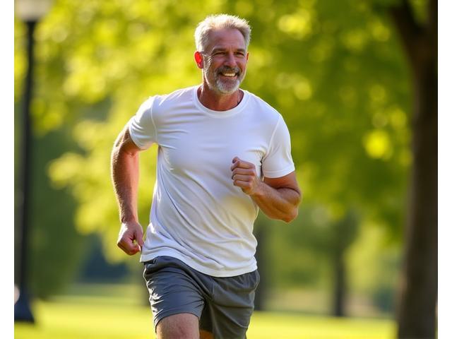 David S., a father doing light exercises outdoors, looking happy and fit.