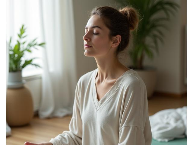 Maria P., a woman deeply meditating in a peaceful home environment.