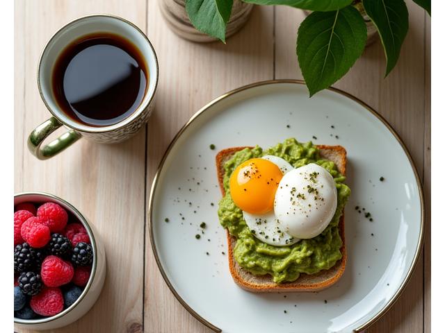 A balanced breakfast with avocado toast, berries, and coffee, emphasizing healthy eating.