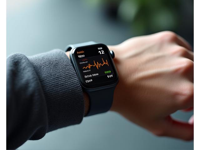 A hand holding a smartwatch displaying health metrics, illustrating wearable technology.