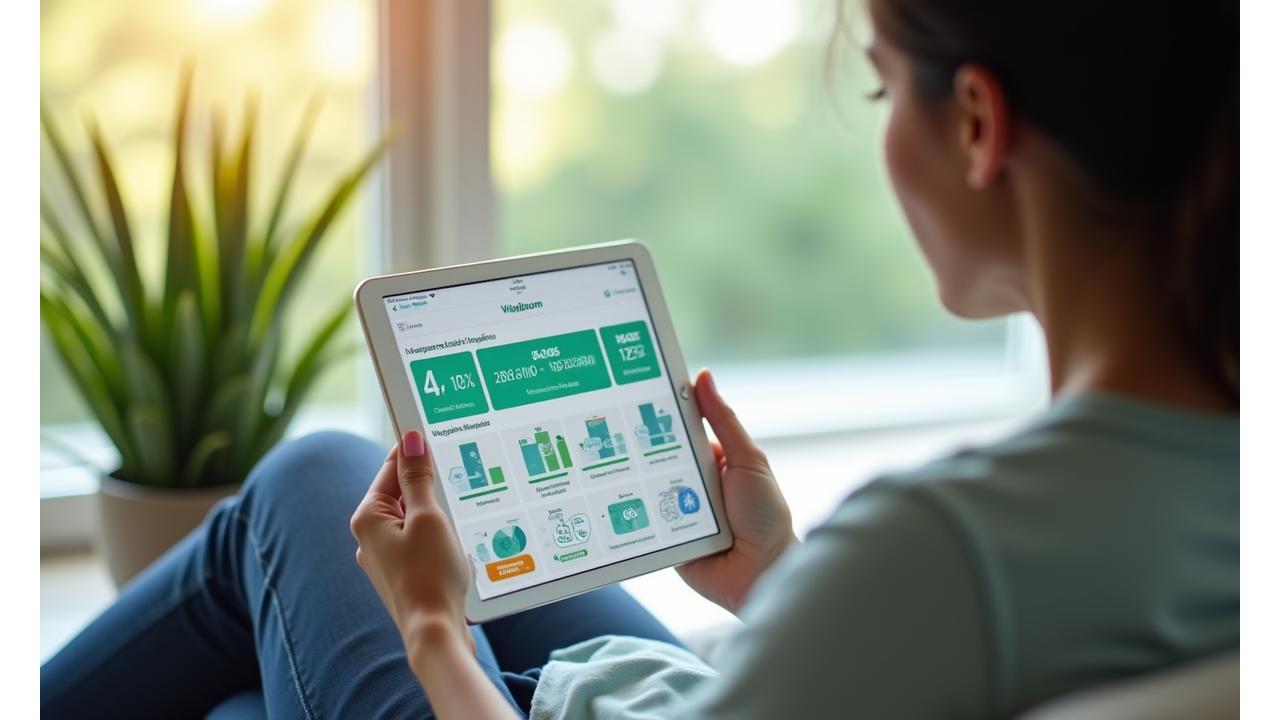 A person reading a tablet with vibrant health data visualizations and a blooming plant, symbolizing growth and digital wellness.