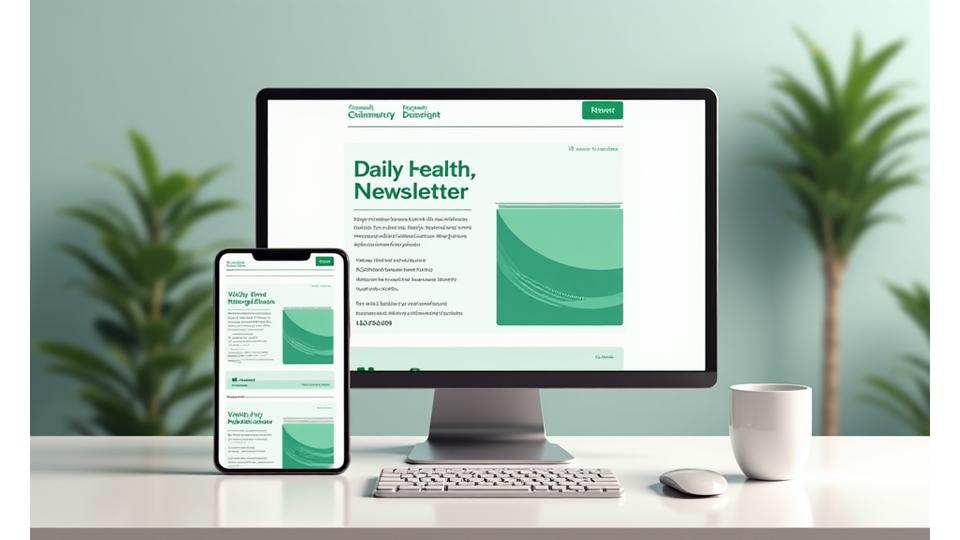 Illustration of a newsletter on a desktop and mobile screen, showing health headlines