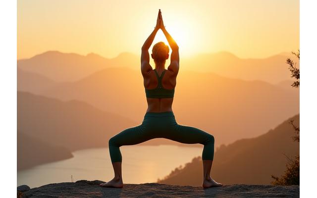 An adult woman in her late 40s or early 50s performing a serene yoga pose outdoors at sunrise, demonstrating flexibility and balance.
