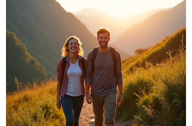 A vibrant, active senior couple laughing and hiking on a scenic trail, embodying healthy aging and vitality.