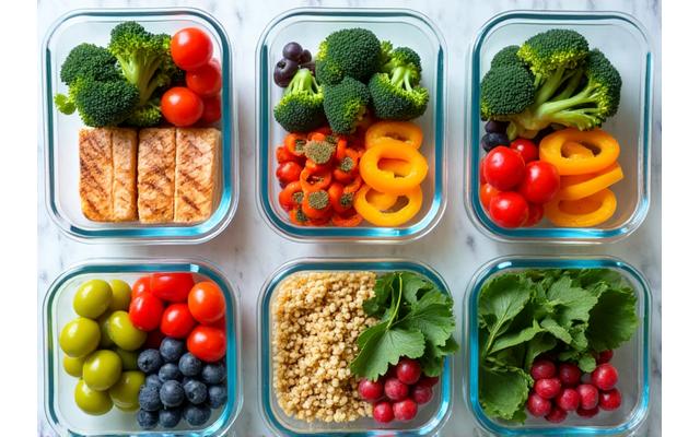 A colorful kitchen counter with neatly arranged containers of healthy, longevity-focused meal prep, featuring fresh vegetables, lean protein, and whole grains.
