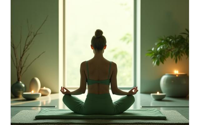 A tranquil scene of someone meditating in a spa-like environment with soft lighting and natural elements, symbolizing mental and physical recovery.