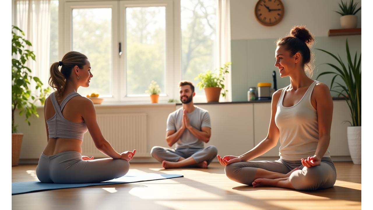 A diverse group of adults engaging in various wellness activities like yoga, healthy cooking, and mindful meditation, symbolizing comprehensive lifestyle transformation through Vitalbloom's personalized programs.