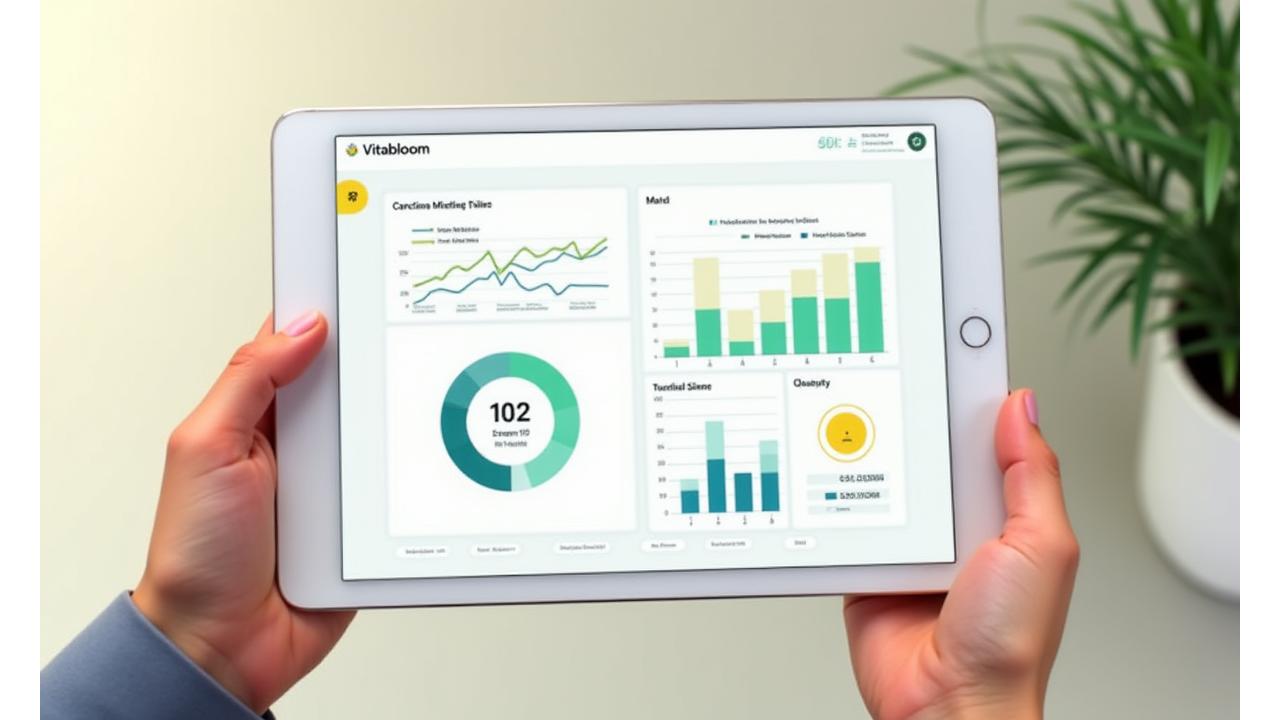 Vitalbloom personalized health dashboard displaying colorful charts and graphs for biomarker tracking, fitness milestones, sleep quality, and stress levels for an individual in Portland.