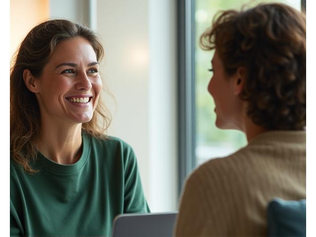 A wellness coach actively listening to a client in a comfortable, bright setting, symbolizing personalized support.