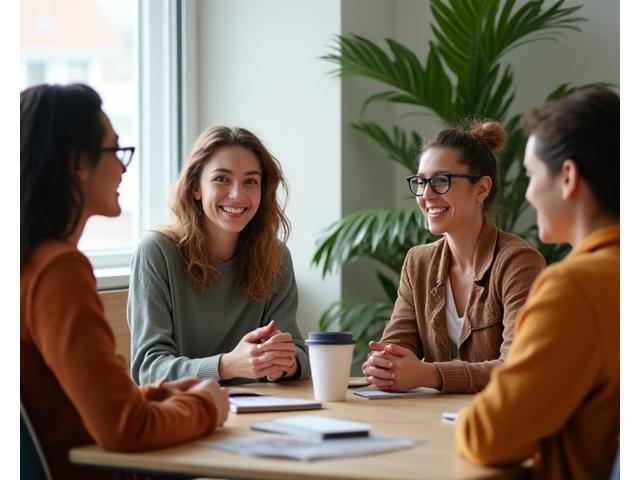 Diverse group of adults engaged in a supportive group discussion, showing active listening and empathy.