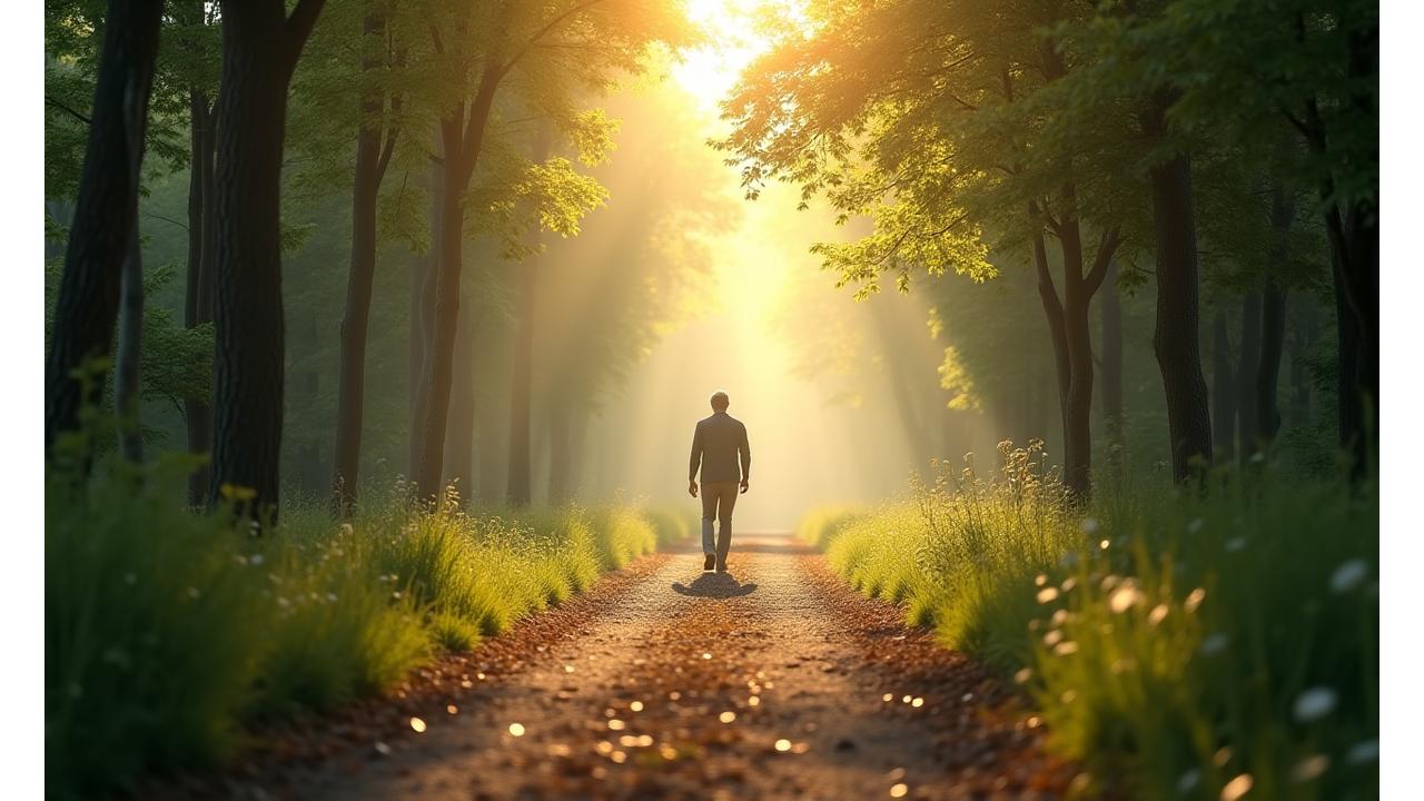 Person walking a serene path surrounded by soft light, symbolizing mental clarity and well-being
