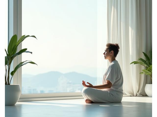 Person meditating in a modern, calm room bathed in soft natural light, conveying peace and focus.