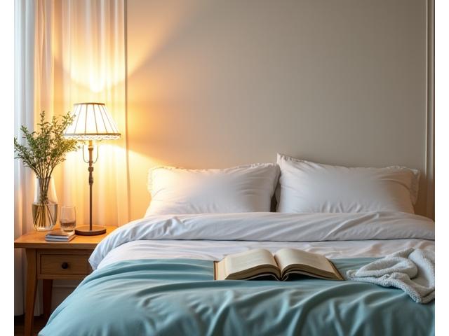 Cozy, dimly lit bedroom with comfortable bedding and soft lighting, suggesting optimal sleep environment.