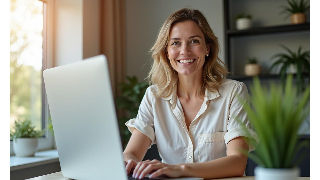 A friendly, professional nutritionist smiling while on a video call with a client, demonstrating personalized one-on-one nutrition coaching.