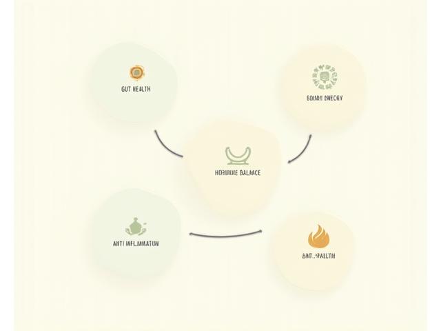 An infographic illustrating the principles of functional nutrition, showing interconnected circles representing gut health, cellular energy, hormone balance, and anti-inflammatory benefits, with food icons.