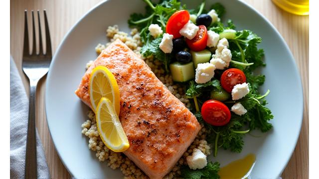 A vibrant plate of Mediterranean food with salmon, olives, tomatoes, and leafy greens, representing a balanced diet.