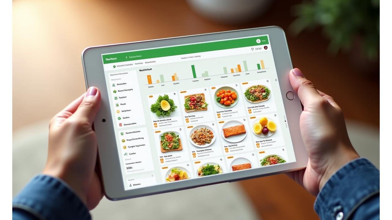 A clean, modern user interface of Vitalbloom's nutrition planning tool, showing a sample meal plan with colorful food icons and progress bars.