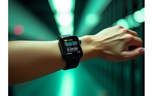 Fitness wearable on a wrist measuring heart rate, representing health tech.