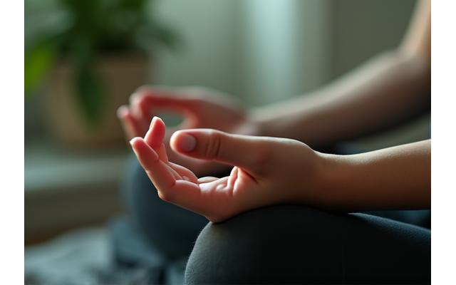 Person meditating with a subtle digital interface for a meditation app, representing mental wellness tools.