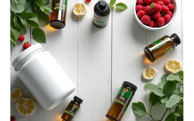 Vitamins and protein powder on a countertop, representing nutrition supplements.