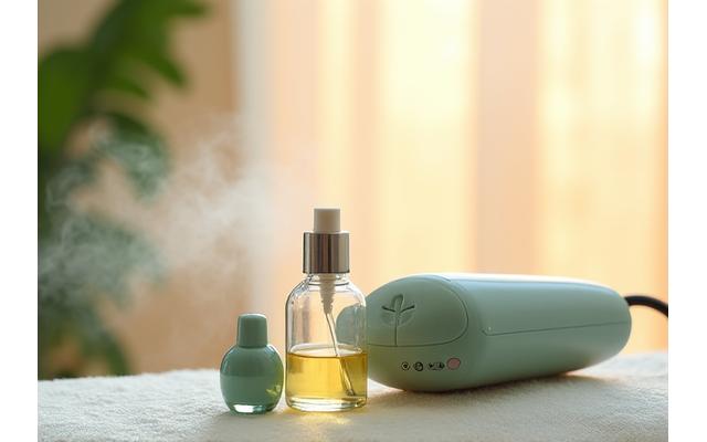 Massage gun and essential oils, representing physical recovery and self-care.