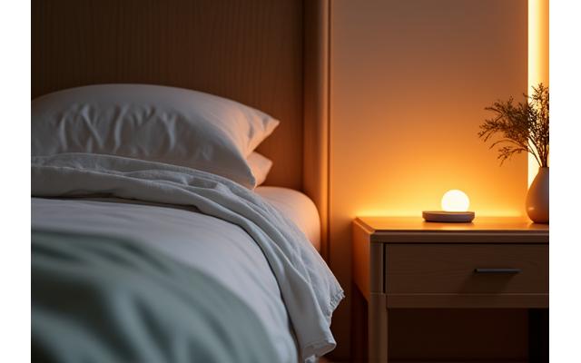 Calm bedroom scene with sleep tracker and soft lighting, representing sleep wellness.
