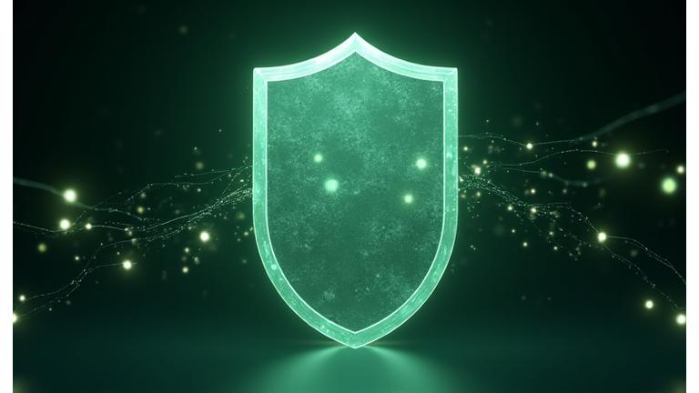 Abstract illustration of a digital shield protecting data and creative works, surrounded by subtle technology icons, representing intellectual property security and legal frameworks.