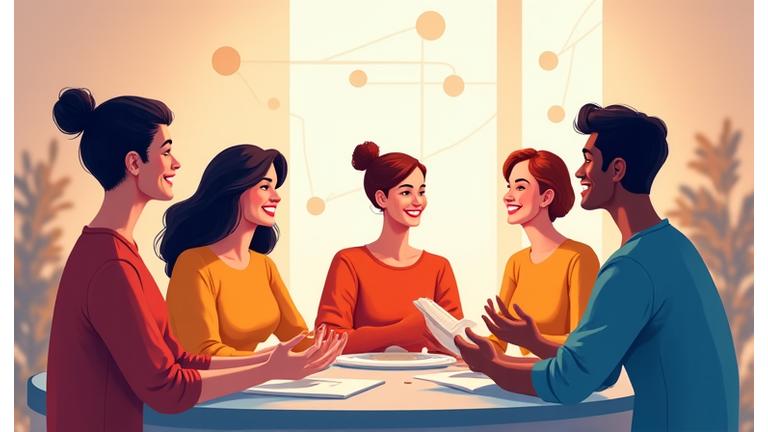 Illustration of diverse individuals interacting respectfully in a vibrant online community forum, signifying positive user engagement and shared wellness journey.