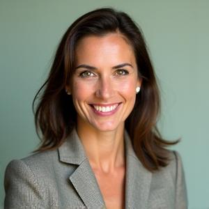 Elara Vance, a Vitalbloom wellness coach, a confident woman in her early 40s with a warm smile, professional yet approachable, in a bright contemporary setting.