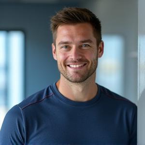 Marcus Thorne, a Vitalbloom wellness coach, a calm man in his late 30s, exuding reliability and approachable strength, in an active, light-filled environment.