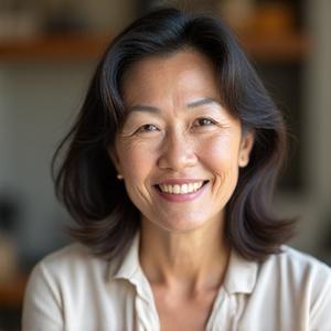 Sara Lin, a Vitalbloom wellness coach, a compassionate woman in her early 50s with a thoughtful expression, conveying empathy and wisdom in a peaceful home setting.