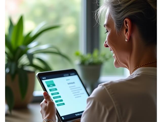 A woman in her late 40s smiling during a virtual wellness coaching video call on a tablet, with a bright, clean home office background, showcasing convenience and connection.