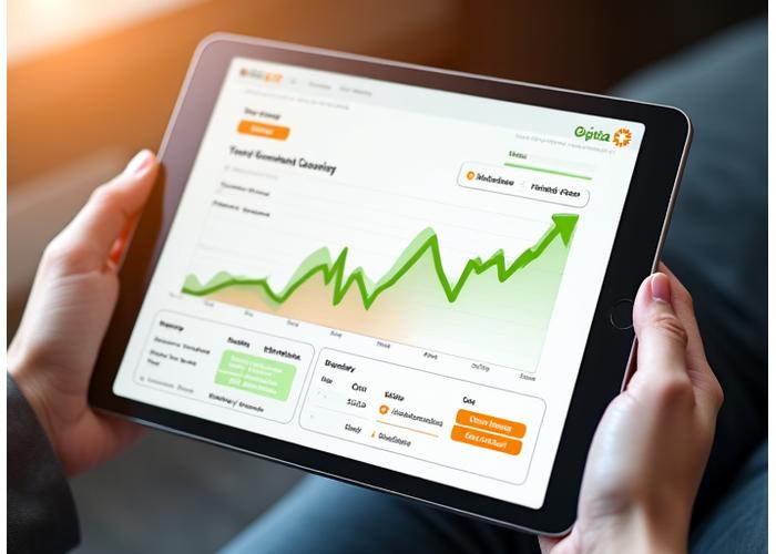 A clean, modern Vitalbloom virtual coaching platform interface displayed on a tablet, showing a dynamic progress chart and upcoming session details, emphasizing user-friendliness.