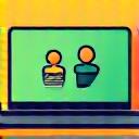 An icon representing virtual sessions: a laptop screen displaying a video call with two people, encircled by a WiFi symbol, highlighting remote connection, in bright, accessible colors.