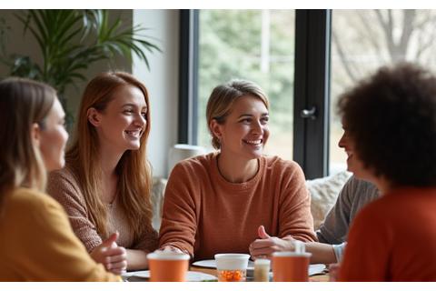 Group of diverse women smiling and engaged in a lively discussion around a table, symbolizing community support.