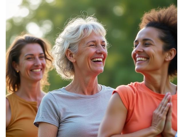 Diverse group of confident women over 40 smiling and exercising outdoors, embodying vitality and joy.