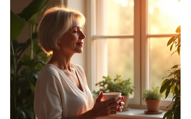 Woman enjoying a serene morning ritual, holding a cup of tea in a light-filled home, symbolizing peace and hormone balance.