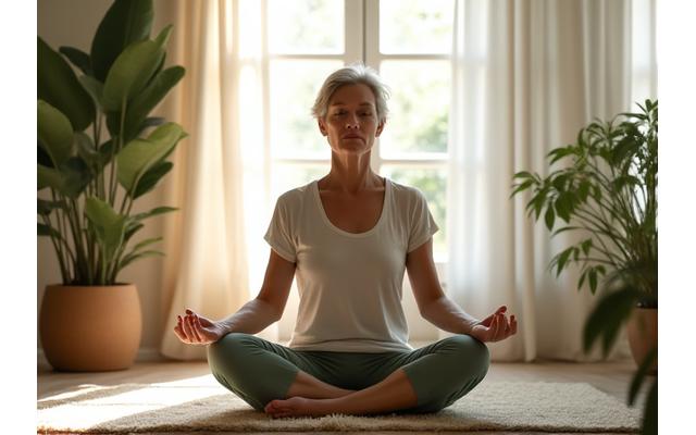 Woman practicing mindful meditation in a tranquil, sunlit living space, surrounded by natural elements.
