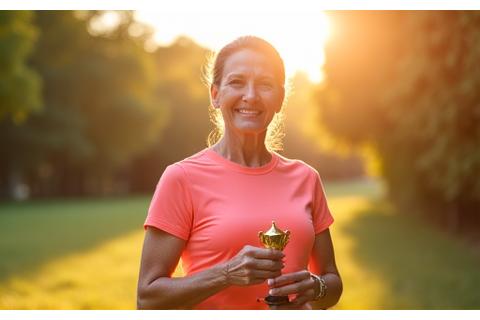 A woman in her 50s beaming with pride, holding a medal after completing a fitness challenge, symbolizing success and achievement.